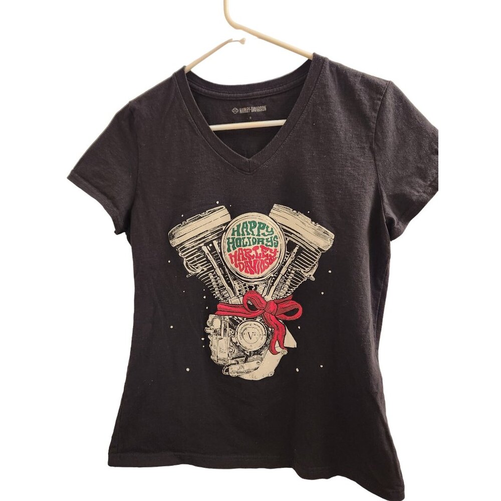 Harley-Davidson Womens V-Neck T-Shirt Happy Holidays Orlando V-Twin Engine Desig